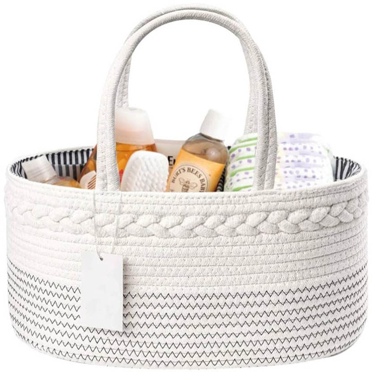 Opbergmand voor babyluiers – Luiertas - Luiermandje – Grote organizer van katoenen touw – Voor commodes - draagbare opslag in de auto – Zwart-wit