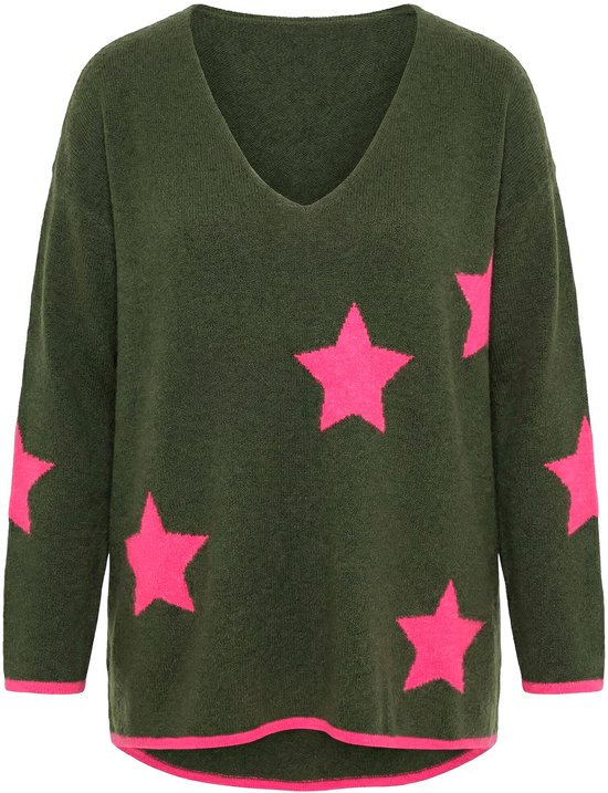 Donkergroene oversized trui met roze sterrenprint, V-hals en roze boorden.