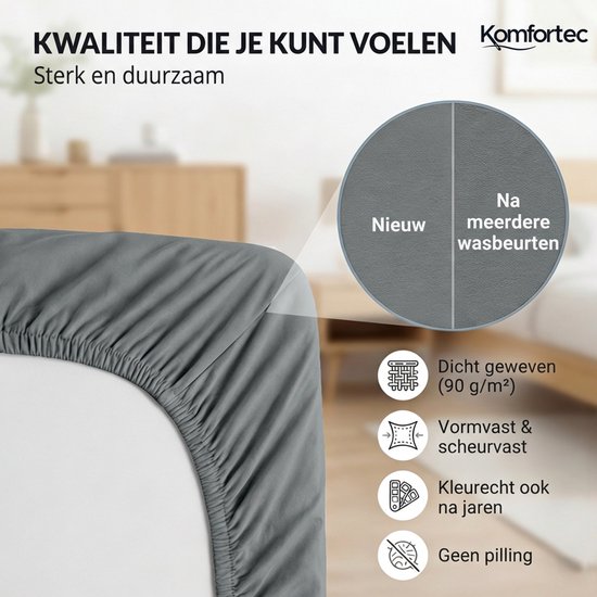 Grijs hoeslaken met elastiek. "Kwaliteit die je kunt voelen. Sterk en duurzaam."