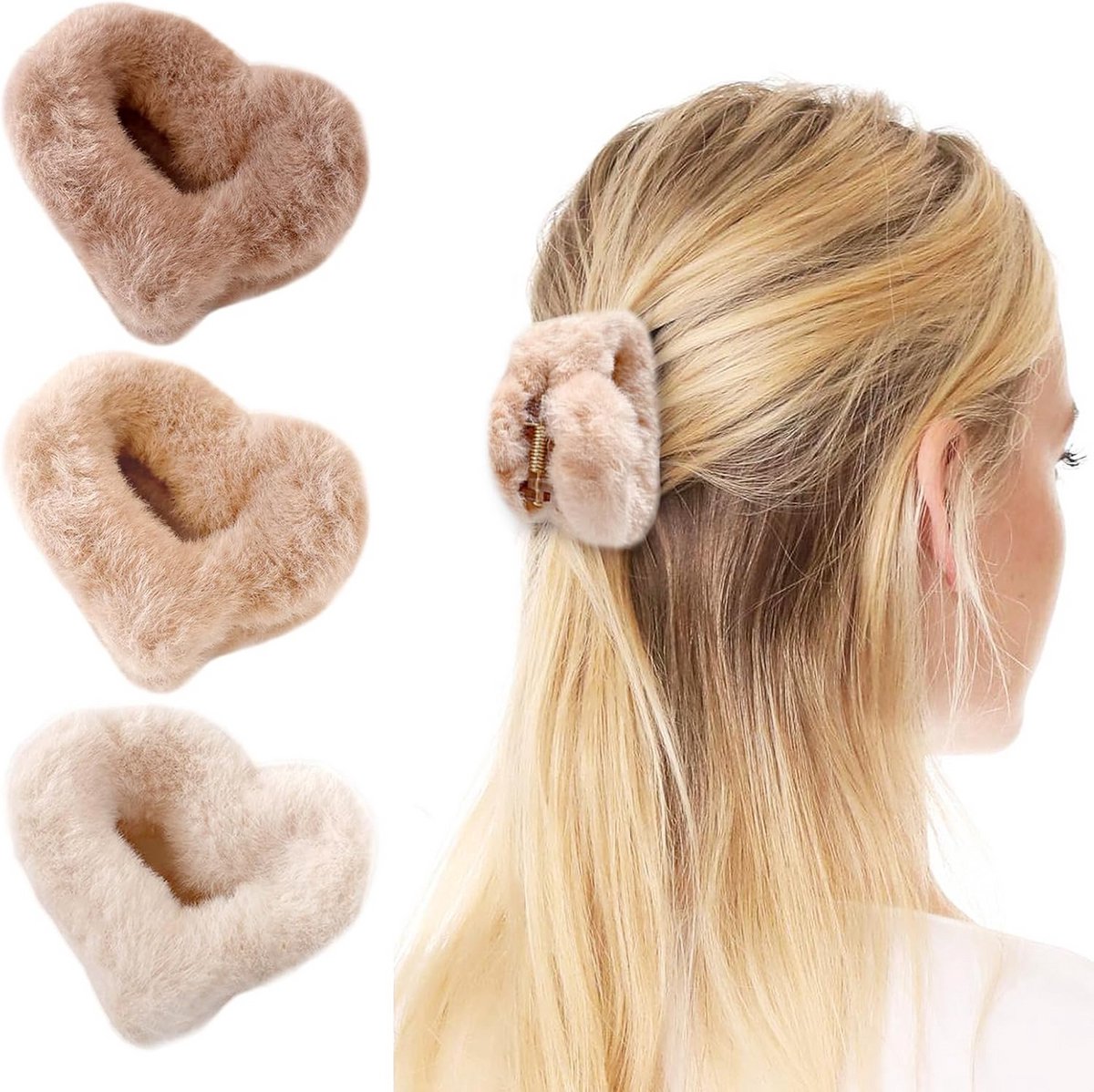 3x Hartvormige Pluche Haarclips Klauwclips Nepbont voor Dik en Dun Haar