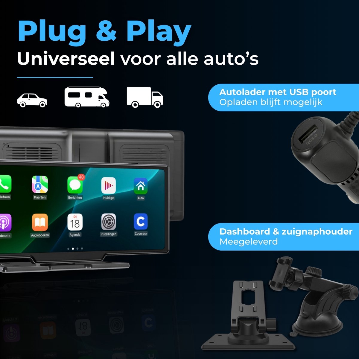 CarPlay Android Auto scherm 10 inch auto navigatie touchscreen Bluetooth handsfree AUX FM transmitter - Afbeelding 4