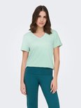 Lichtgroen V-hals t-shirt met korte mouwen, gecombineerd met een turquoise broek.