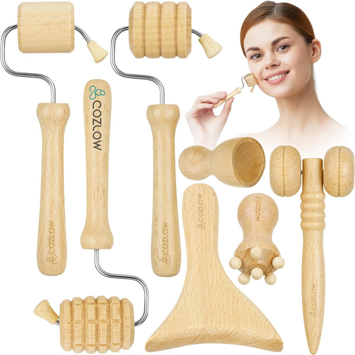 Gua Sha Houten Gezichtsmassagekit (7 delen) voor Lymfedrainage en Huidversteviging