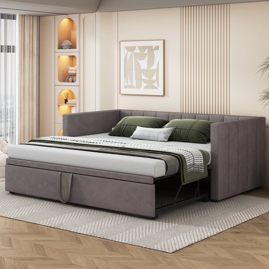Wishdor – Uitschuifbaar slaapbankbed 90/180x200 cm – Lattenbodem & armleuningen – Fluweel – Grijs – Jouw flexibele logeerkamer in een handomdraai