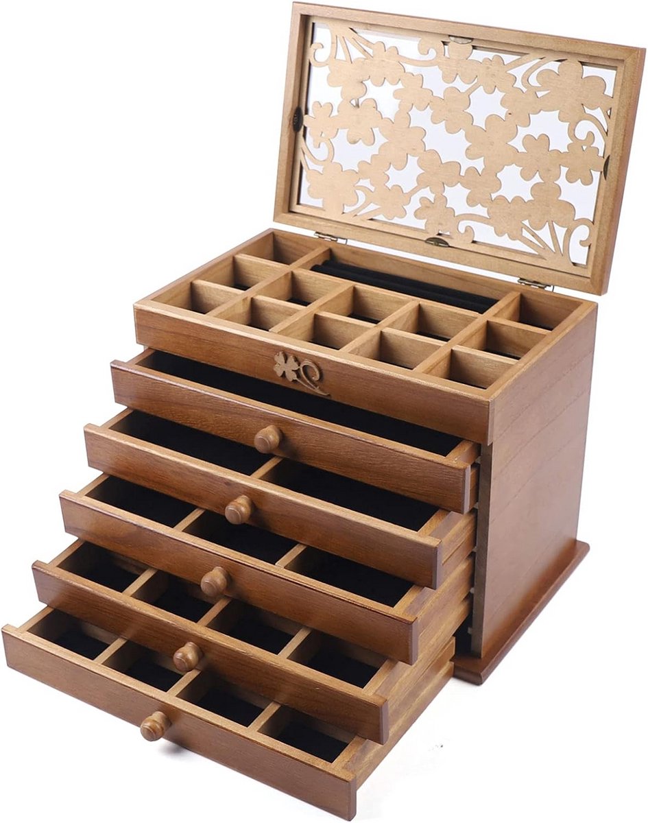Luxe Houten Sieradendoos met 6 Lagen en Gesneden Deksel - Sieradenkist voor Ringen, Oorbellen en Armbanden