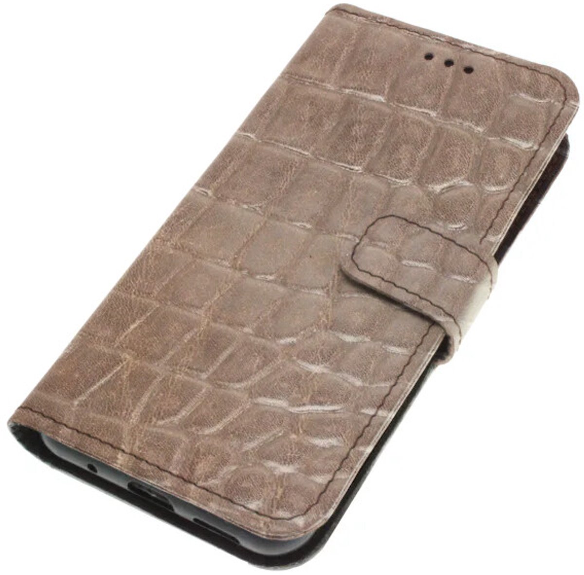 Echt leer hoesje geschikt voor Samsung Galaxy S24 Stug robuust kalfsleer – croco reliëf Taupe