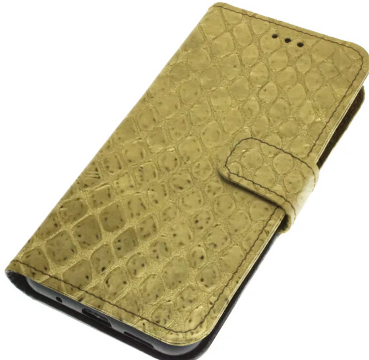 Echt leer hoesje geschikt voor Samsung Galaxy S24 Soepel geitenleer – metallic goud reptiel