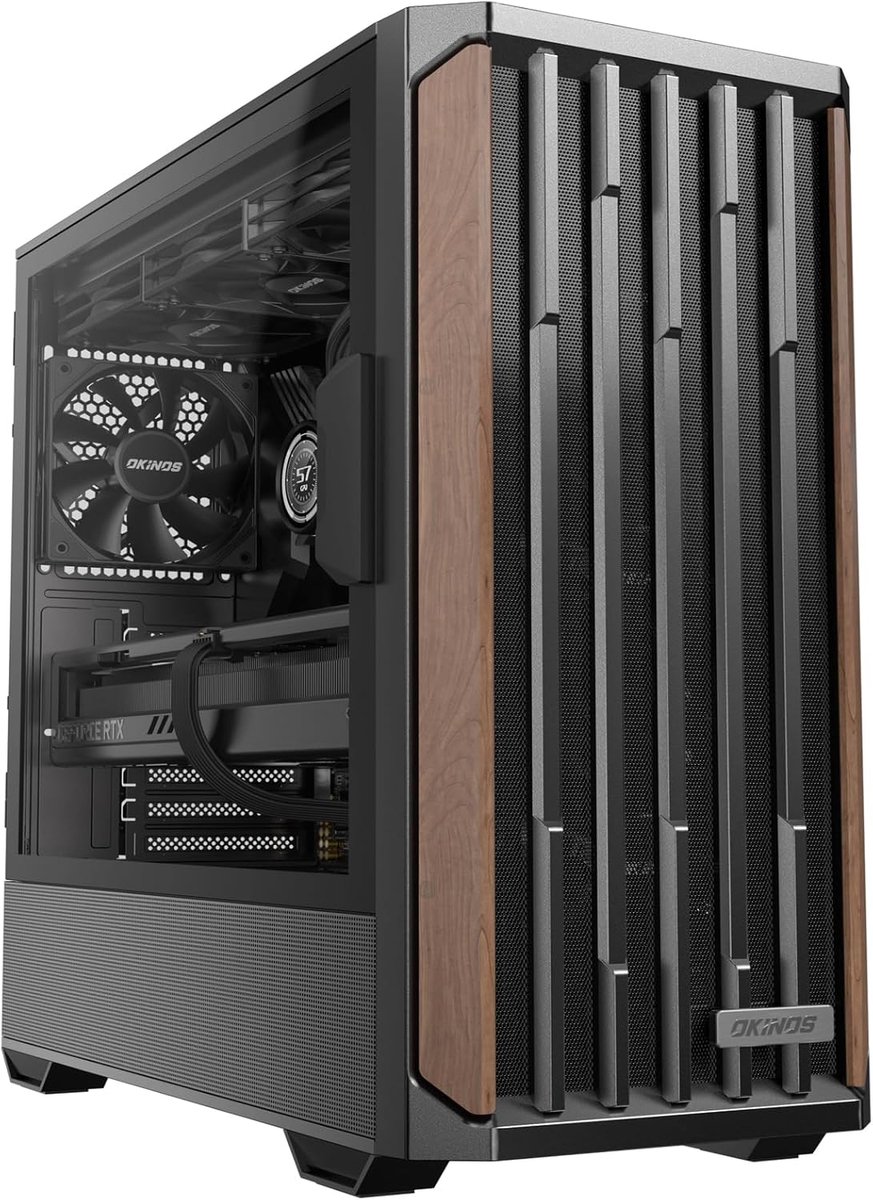 ATX PC Behuizing Walnoothout Zwart met Gehard Glas Panoramisch Zicht en Type-C