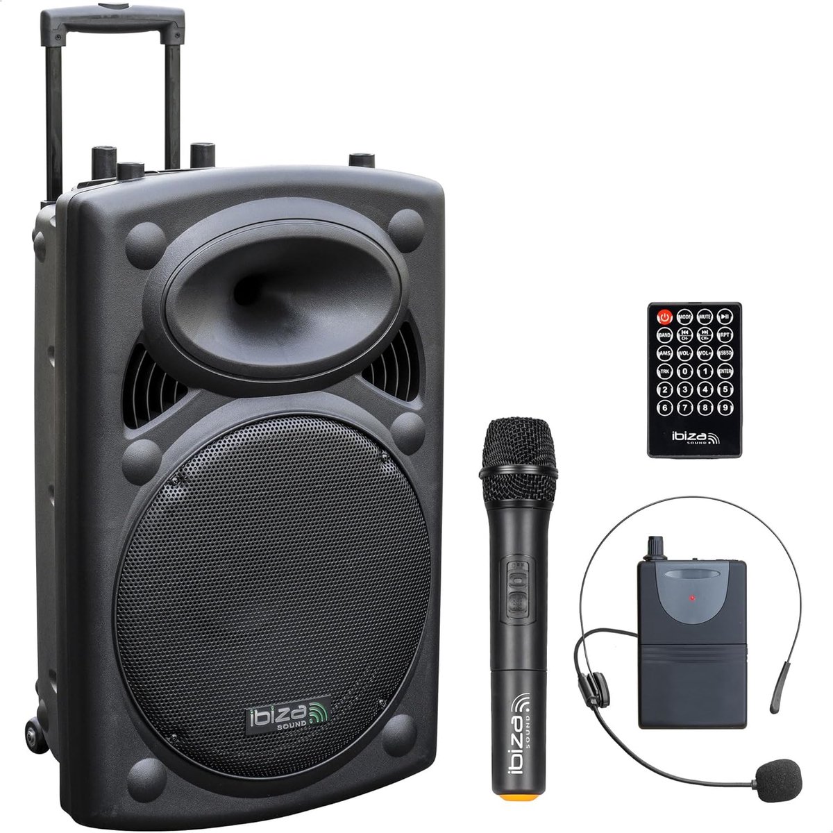 Draagbaar PA Luidsprekersysteem 15 inch 800W MAX met 2 Draadloze Microfoons, Bluetooth & Batterij
