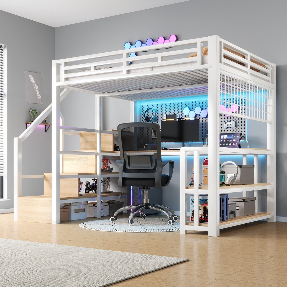 Sweiko Hoogslaper - 140 x 200 cm - Metalen frame - LED-verlichting - Met bureau - Opbergruimte - USB/Type-C - Wit