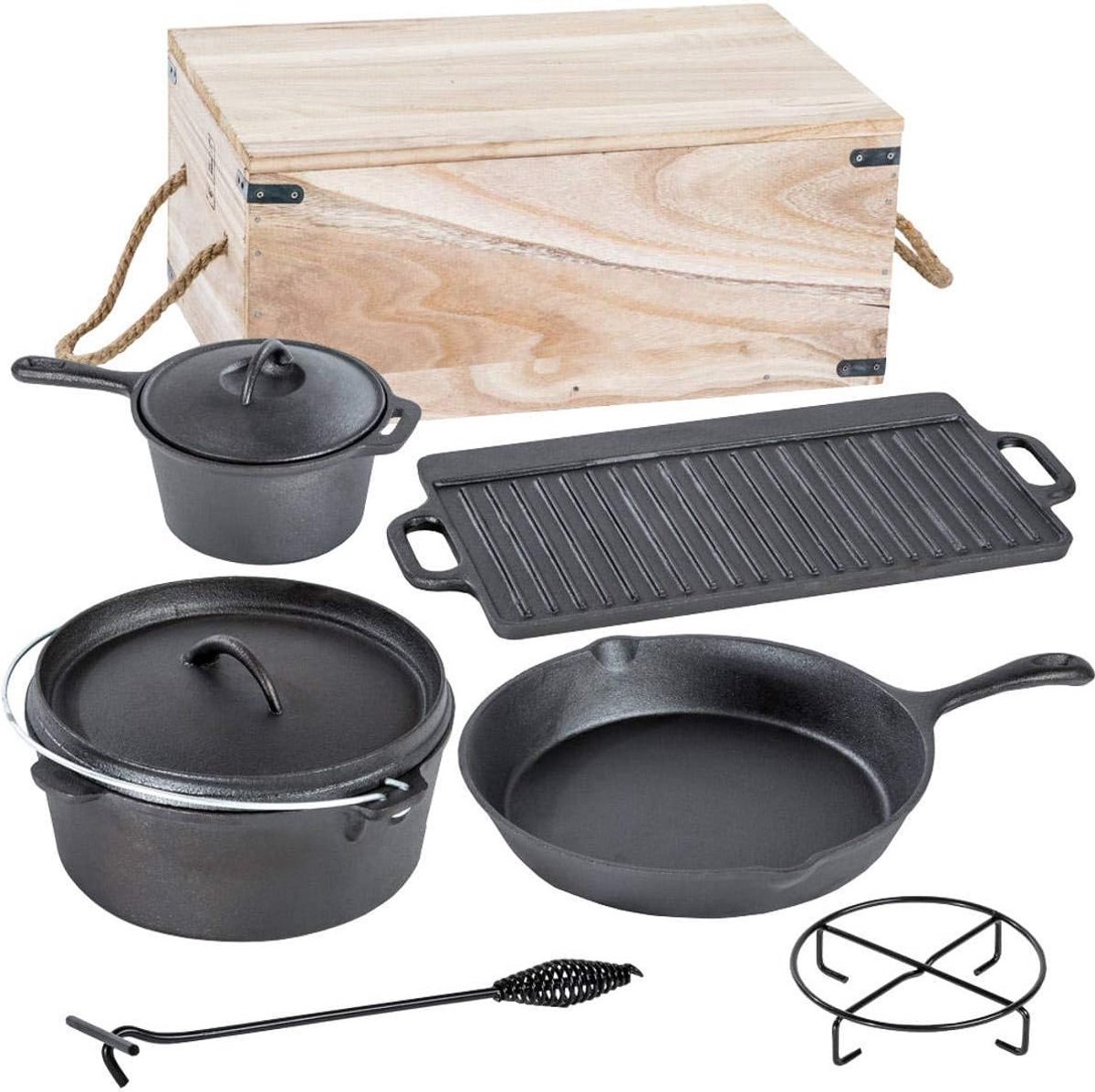 Gietijzeren Dutch Oven Set 7-delig met Hittebescherming en Afneembaar Voetframe