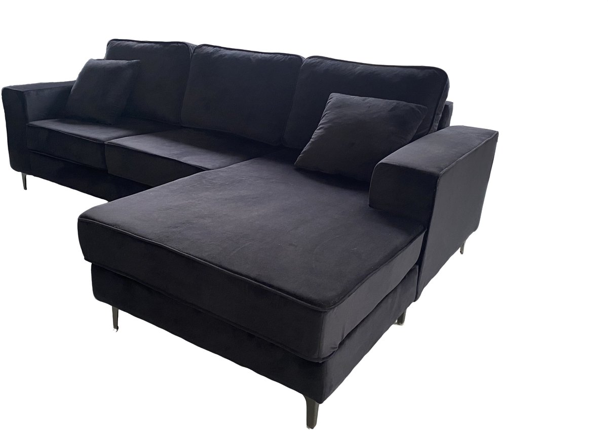 Hoekbank Jerdy zwart velvet bankstel 235cm rechts loungebank hoeksalon zetel