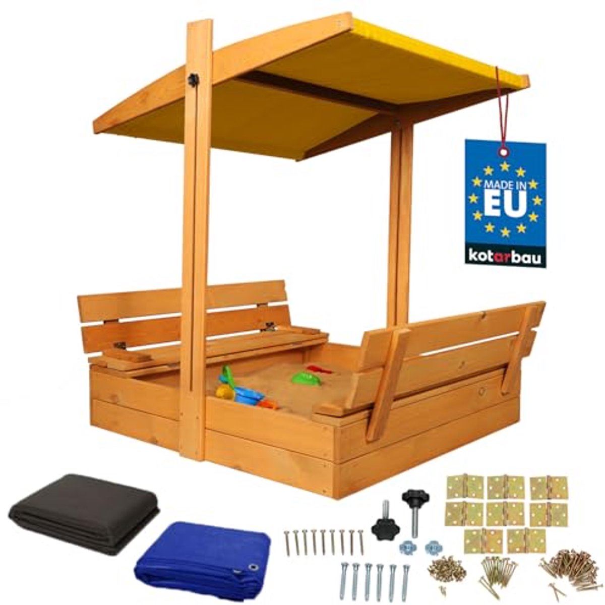 KOTARBAU® Houten Zandbak - 100 x 100 cm - Bruin - Zandbak met Bankjes - met Geel Dak - en Grondzeil - voor Tuin - Buitenspeelgoed