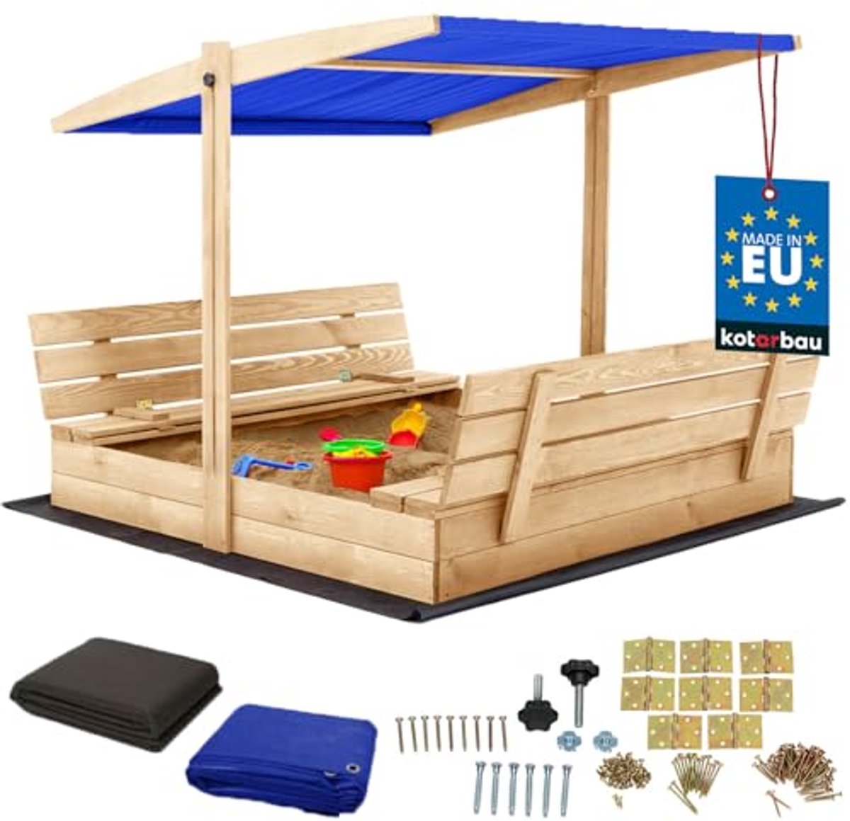 KOTARBAU® Houten Zandbak, 140 x 140 cm, Natuurlijk, Zandbak met Bankjes, met Blauw Dak, en Grondzeil, voor Tuin, Buitenspeelgoed