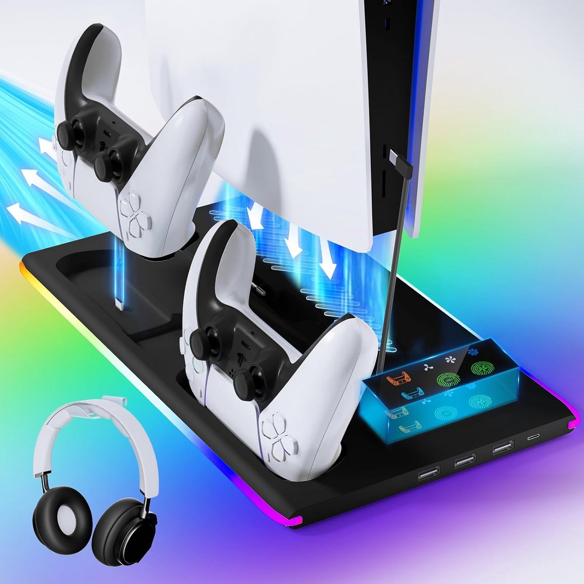 Verticale Koelstandaard voor PS5 met 3 Ventilators, Oplaadstation en RGB Verlichting