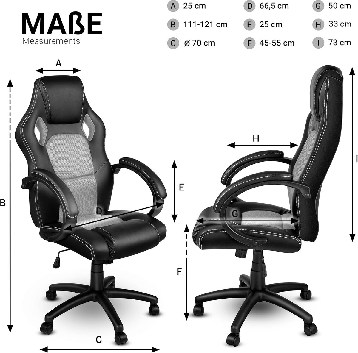 Directiestoel Casa Velluto Titan Racing bureaustoel | Ergonomische draaistoel met hoofdsteun, verstelbare zithoogte, armleuningen en wipmechaniek | Zwart/Zilver | Luxe kantoor- en gamestoel