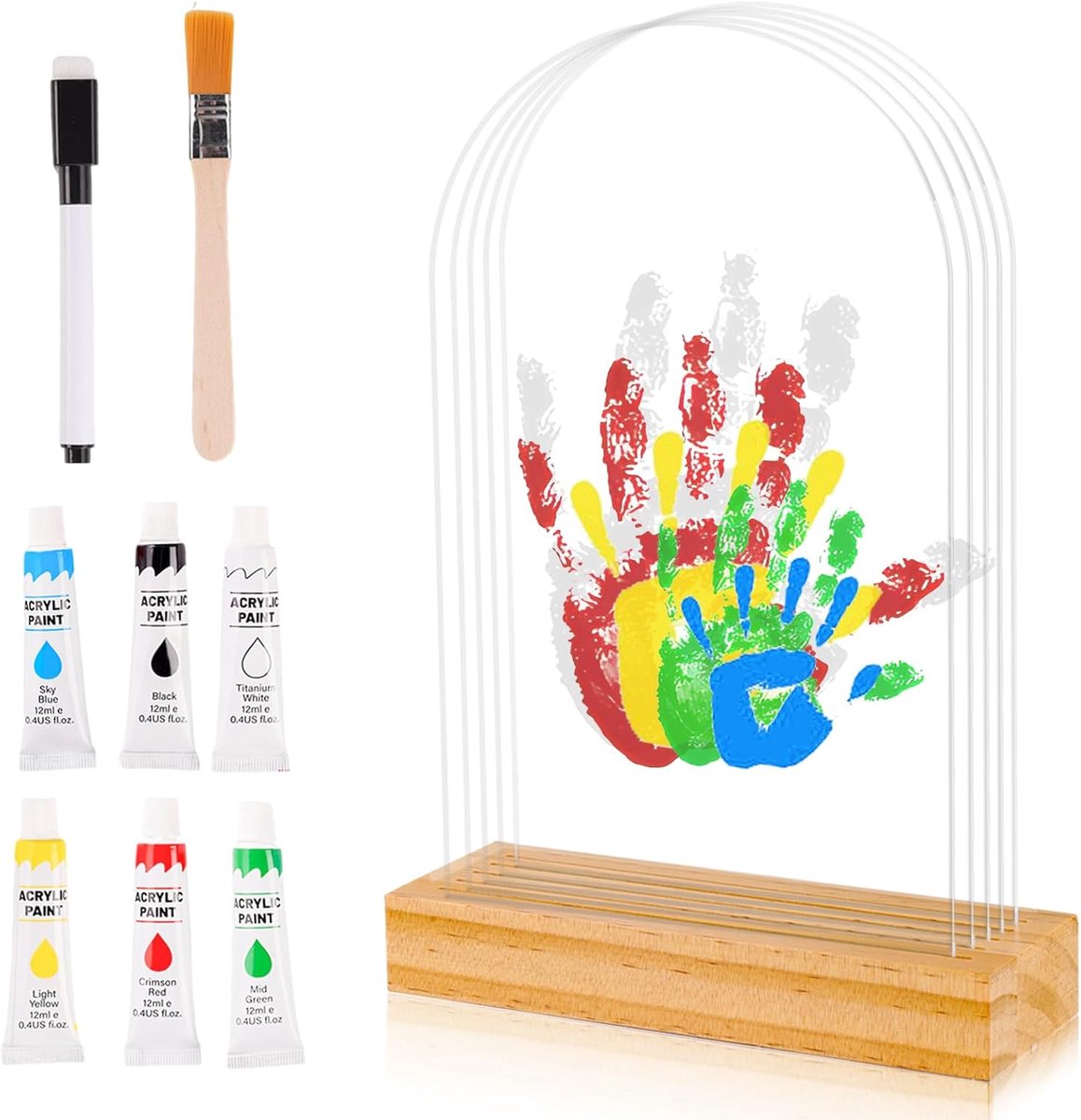 Hand- en Voetafdrukset voor Familie en Baby - Set met Houten Sokkel en Acrylfolie