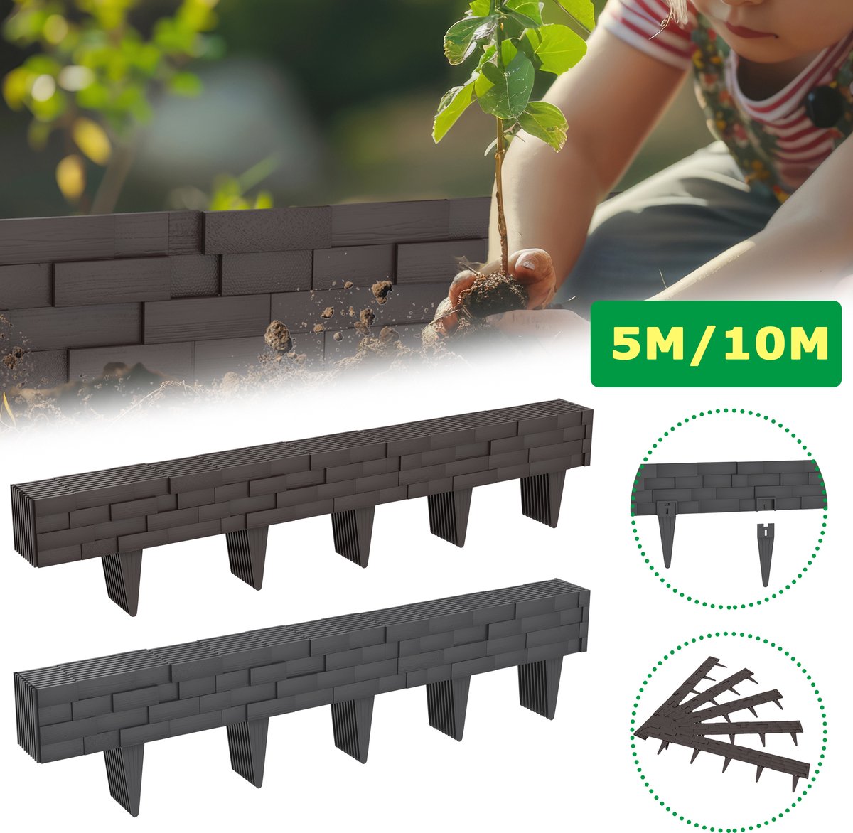 Froadp 7,5m Gazonrand, kunststof bloembedrand, gazonrand, gazonrand, maaikant, palissade, tuinbed, eenvoudig inslaan, stabiel, flexibele gazonbegrenzing, tuin, decoratief, grijs