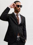 Man met zonnebril, gestreepte blouse, bruine das en zwarte blazer.