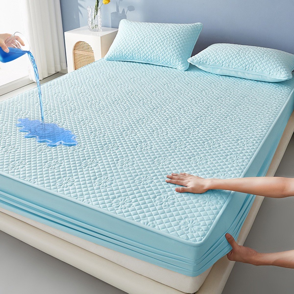 Matrashoes + 2 kussenslopen, TPU-laag voor waterdicht en ademend gebruik, geschikt voor matrassen tot 28 cm dik,Bloem—Lichtblauw,180*220cm+kussensloop 48*74cm