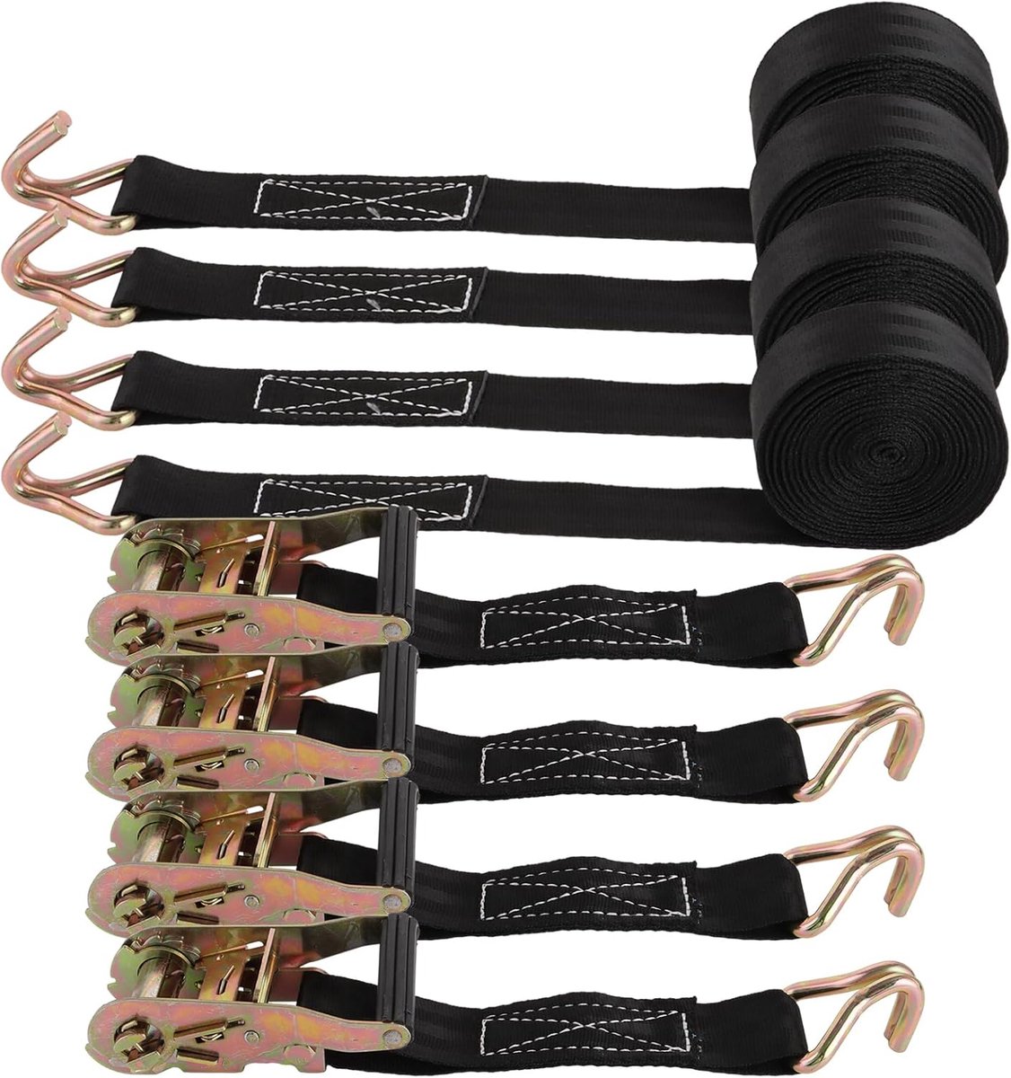 4 Spanbanden - Met ratel en haken van polyester - Voor aanhanger, motor, auto - Zwart, 3000 kg, 6 m x 38 mm
