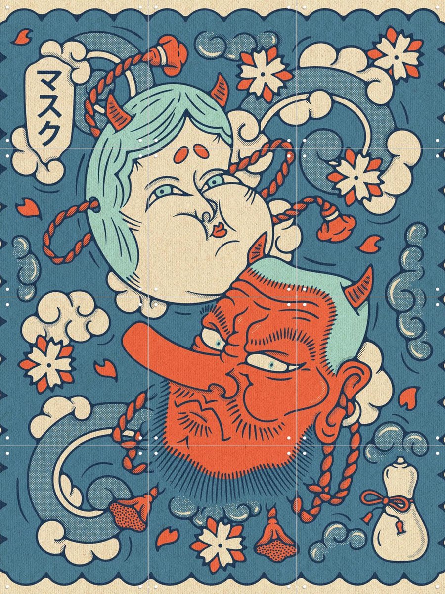 IXXI Tengu and Okame Masks, Ryan Ragnini - 60 x 80 cm - Gratis ophangtool - Grote wanddecoratie en posters - Grafisch Ontwerp, Vintage, Ukiyo-e