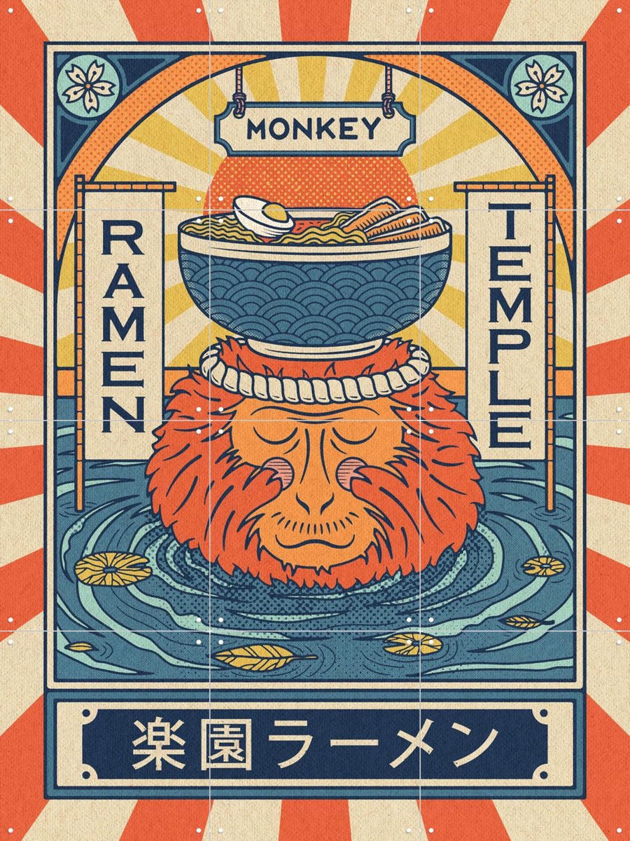 IXXI Ramen Temple Monkey, Ryan Ragnini - 60 x 80 cm - Gratis ophangtool - Grote wanddecoratie en posters - Illustraties, Vintage, Grafisch Ontwerp