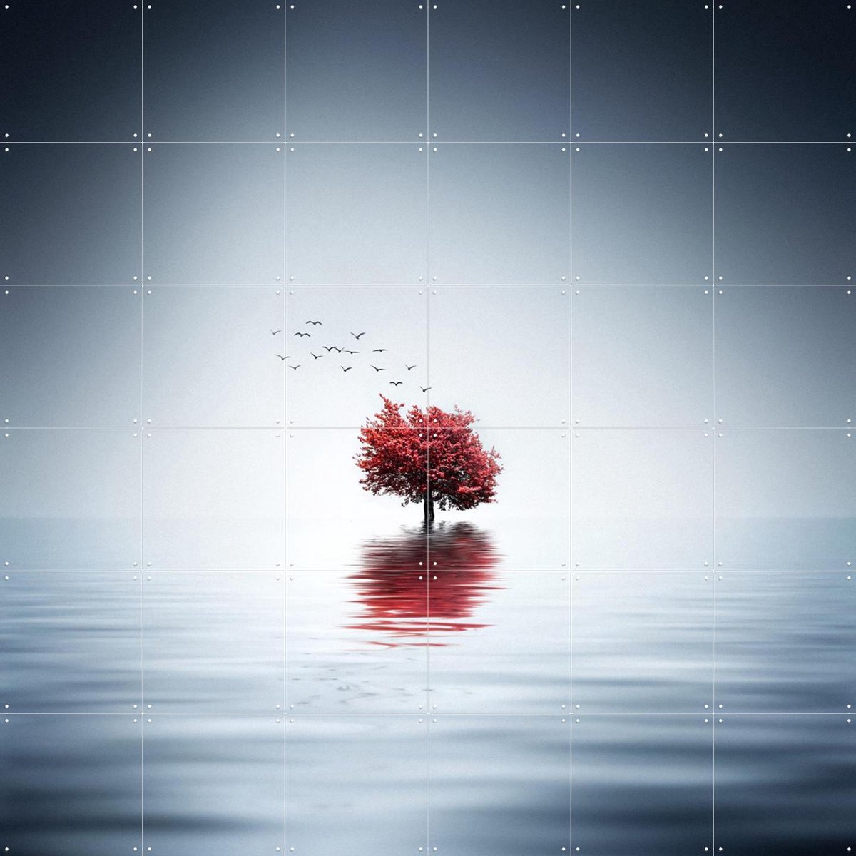 IXXI Autumn Tree reflected in Blue Lake, Bess Hamiti & Various - 120 x 120 cm - Gratis ophangtool - Grote wanddecoratie en posters - Minimalisme