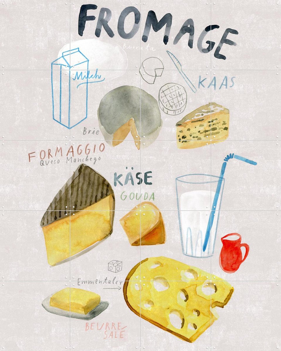 IXXI Fromage, Signorinah - 80 x 100 cm - Gratis ophangtool - Grote wanddecoratie en posters - Aquarel, Illustraties, Speels, Keuken, Eetkamer