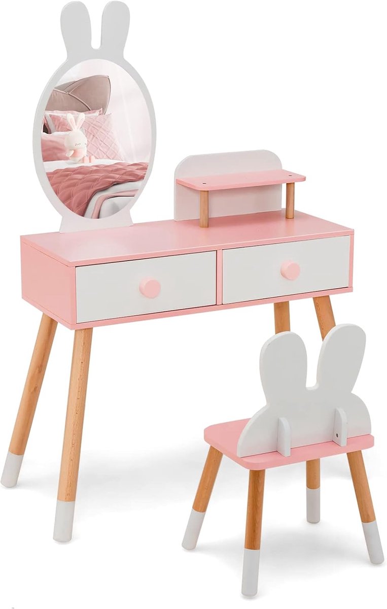 KOMFOTTEU Make-uptafelset voor kinderen, met spiegel, 2-in-1 kaptafel met hazenoorvormige kruk en spiegel, dubbele laden, plank, massief hout, cosmeticaset voor kinderkamer