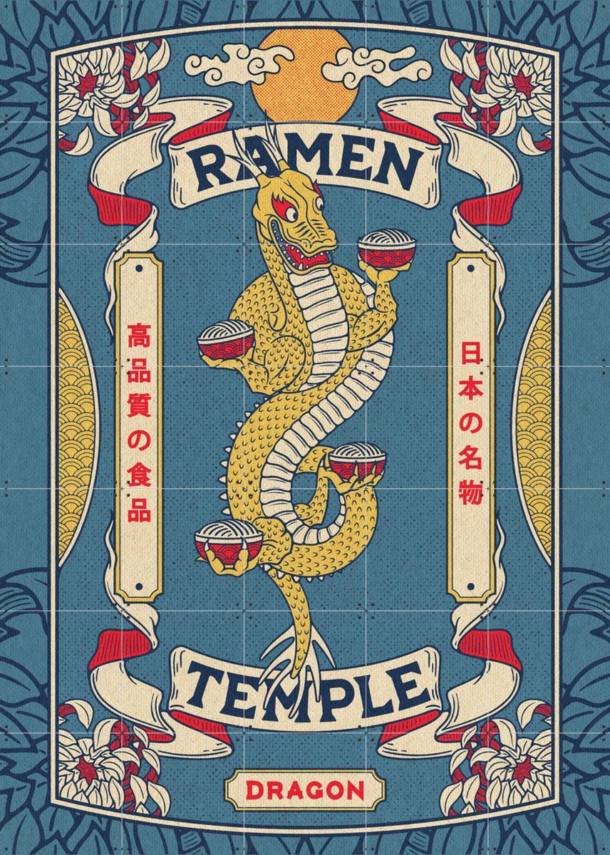IXXI Ramen Temple Dragon, Ryan Ragnini - 100 x 140 cm - Gratis ophangtool - Grote wanddecoratie en posters - Illustraties, Kleurrijk, Klassiek