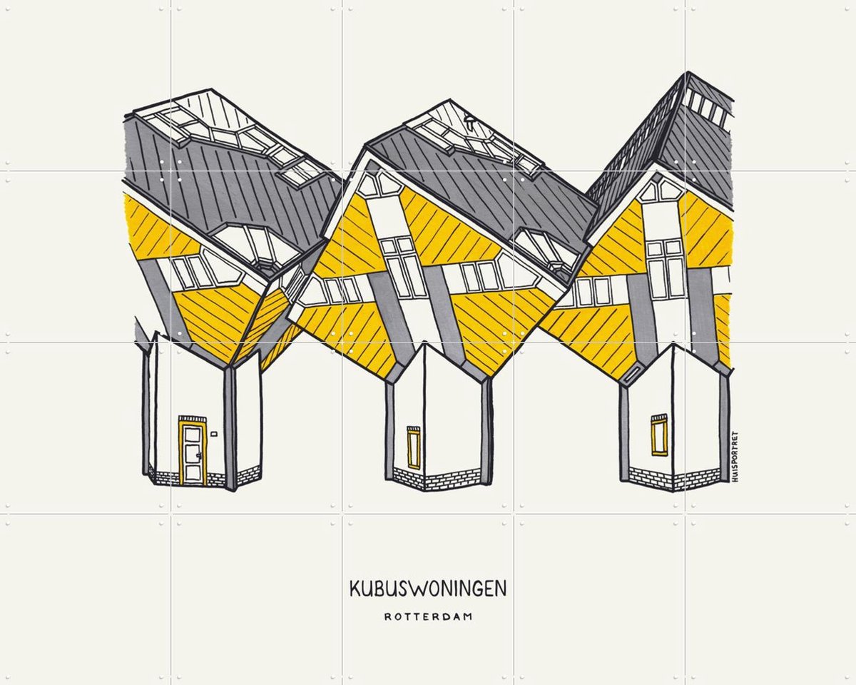 IXXI Cube Houses, Huisportret & Kunst in Kaart - 100 x 80 cm - Gratis ophangtool - Grote wanddecoratie en posters - Illustraties, Line art