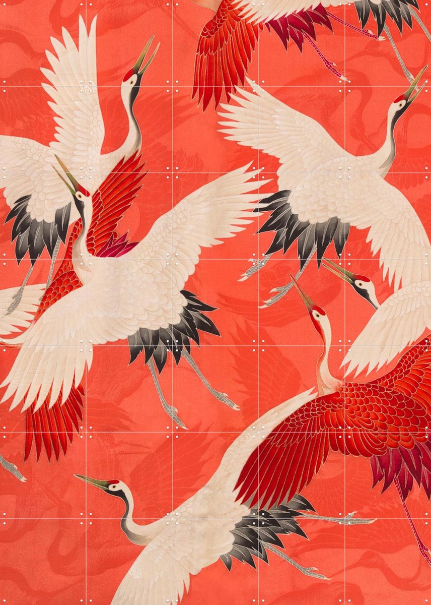 IXXI Kimono with Cranes Red, Rijksmuseum - 100 x 140 cm - Gratis ophangtool - Grote wanddecoratie en posters - Kleurrijk, Ukiyo-e, Illustraties
