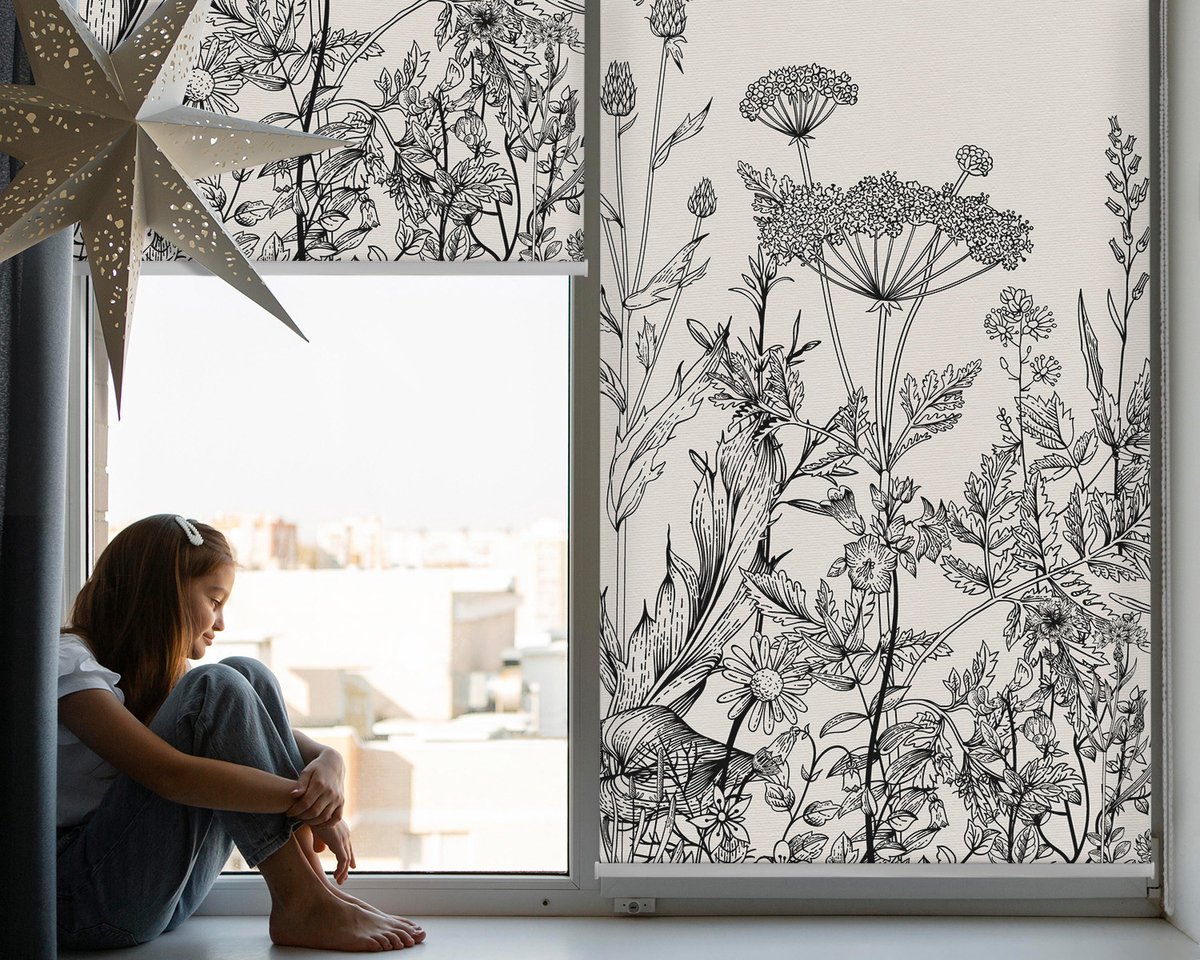Coloray Rolgordijn Lichtfilterend - Grijze Bloemen Semi-Transparant Rolgordijn - 90x140 cm - Beige UV-Bestendig Rolgordijn - Planten Rolgordijn Op Raamopening - Rolgordijn Slaapkamer Lichtdoorlatend