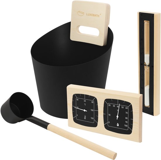 4-delige sauna-accessoireset van aluminium & hout, 6L opgietemmer & opscheplepel, thermometer-hygrometer & 15min. LuxeBad zandloper