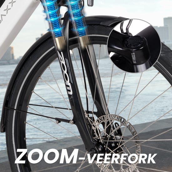 SAXXX E-Bike Stadsfiets 28 Inch - Actieradius tot 90 km - 468Wh Uitneembare Accu - 95% Voorgemonteerd - 250W Motor - ZOOM Mechanische Schijfremmen - Aluminium Frame - Shimano 7 Versnellingen - Wit — afbeelding 3