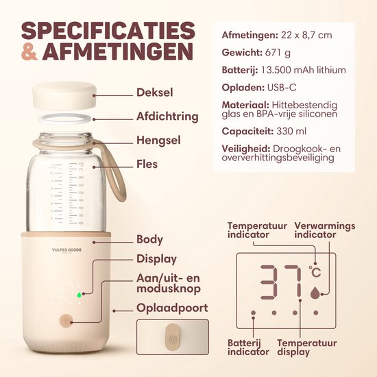 Vulpes Goods® Babycare - Flessenwarmer Elite - Draagbare Baby Flessenwarmer voor Onderweg - uniek Glazen Design - BPA-vrij, Hittebestendig & Antibacterieel - 5 Temperatuurniveaus & Warmtebehoud - 330ML - Water & Moedermelk Snel Opwarmen - 13.500 mAh
