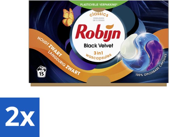 2 x Robijn Wascapsules 3-in1 Black Velvet 15 stuks per verpakking - Zwarte Was - Zwart Kleding - Kleurbehoud - Wascapsules - Black Serum