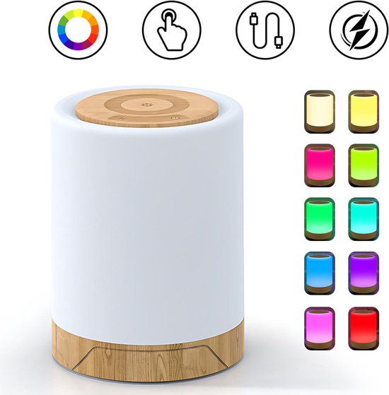USB Oplaadbaar Nachtlampje - Warm Licht & RGB Kleuren - Timer - Nachtlampje voor de Slaapkamer - Sfeerlamp - LED verlichting - Leeslamp - Tafellamp - Bedlamp - Dimbaar - Touch Control - Houtnerf van Merkloos — afbeelding 2