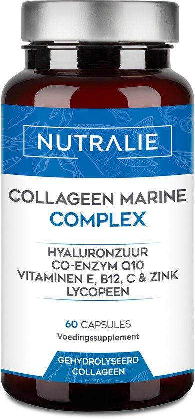 Nutralie Marien Collageen - 60 Capsules - Huid, Haar & Nagels Supplementen - Mannen en Vrouwen - Gehydrolyseerd Collageen, Hyaluronzuur, Q10, Vitamines C & E