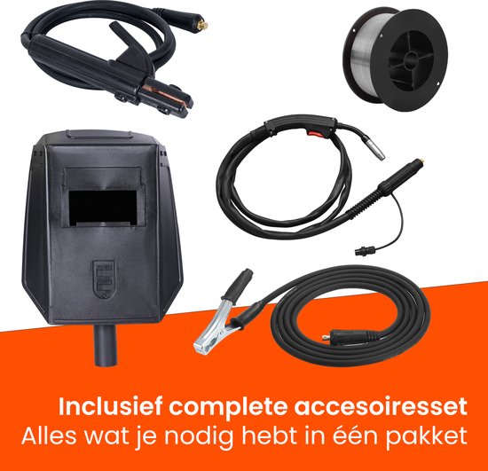 Accessoires voor het Kibani lasapparaat, waaronder laskap, lasapparaat en kabel.