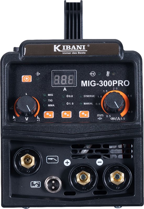 Kibani MIG-300PRO lasapparaat met digitale display, draaiknoppen en aansluitingen.