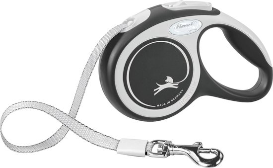 Roulette Flexi noire avec accents blancs et un ruban argenté de 5 mètres.