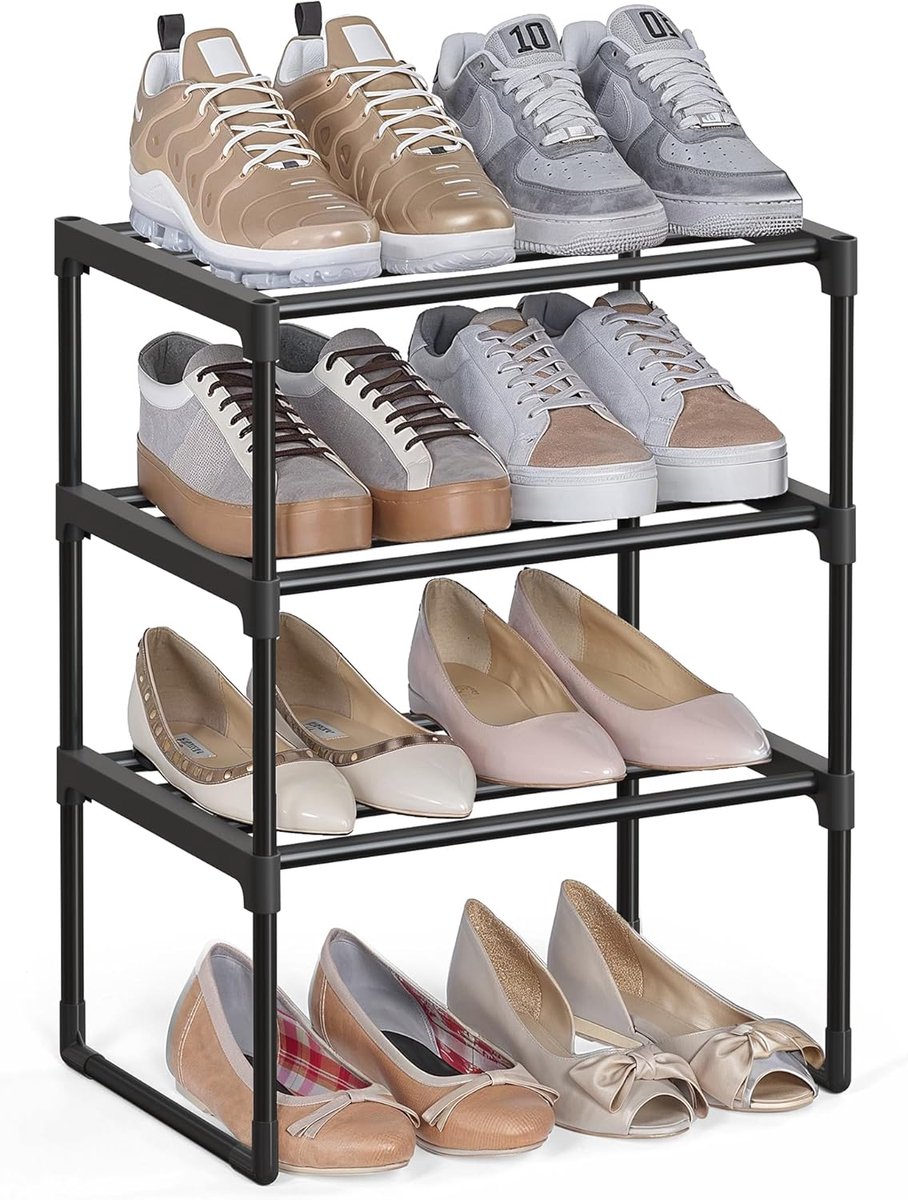 SONGMICS - 3-laags schoenenrek - schoenenorganizer - metalen opbergrek - rechtopstaand of ondersteboven te plaatsen - geschikt voor 4 tot 8 paar schoenen - stapelbaar, voor de hal - 30 x 42,5 x 54,5 cm - zwart