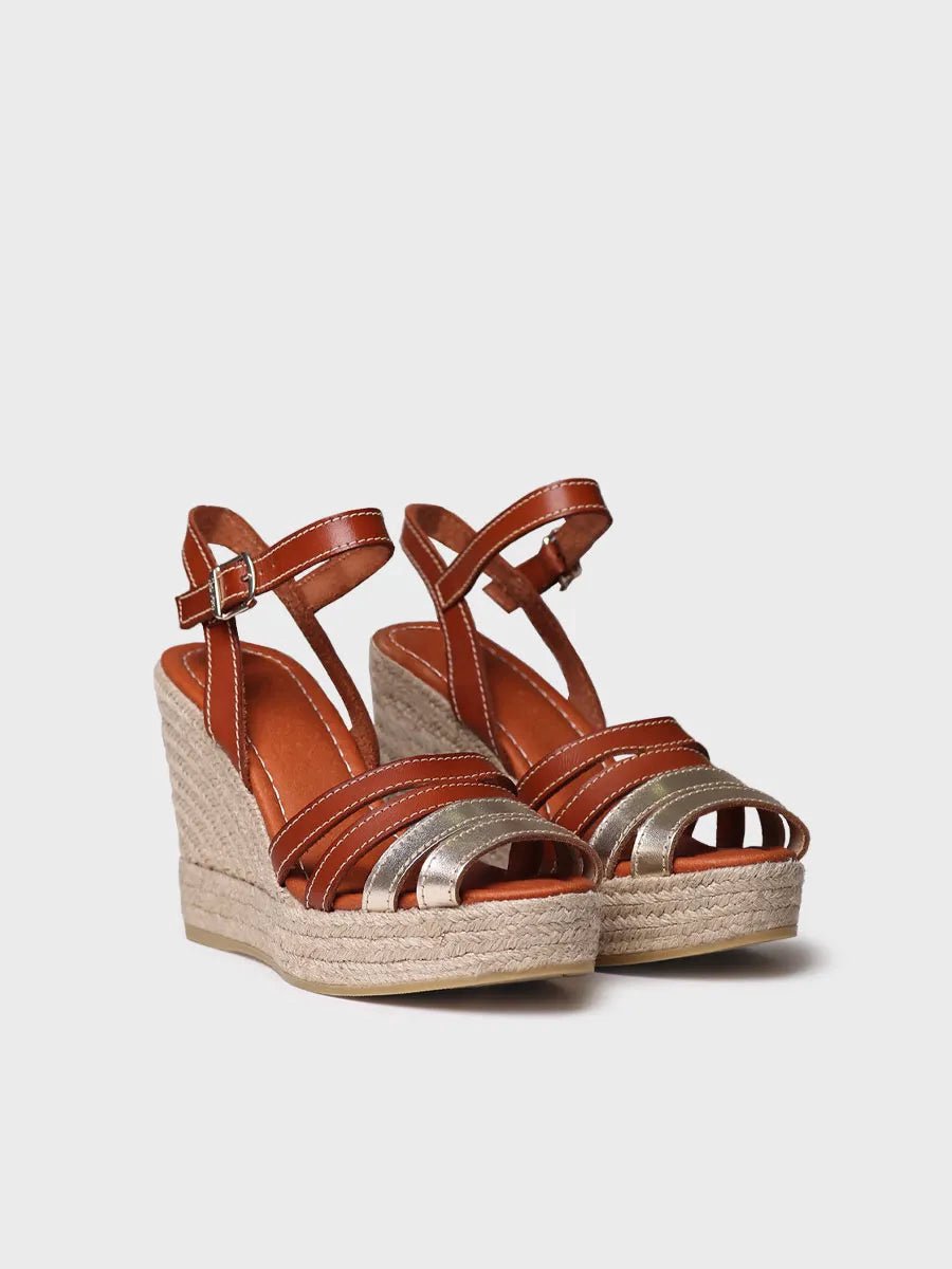 Open espadrille voor dames van platina leer met sleehak | OCTAVIA