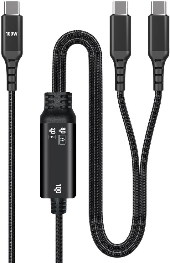 Zwarte 100W USB-C kabel, splittend naar twee USB-C aansluitingen.
