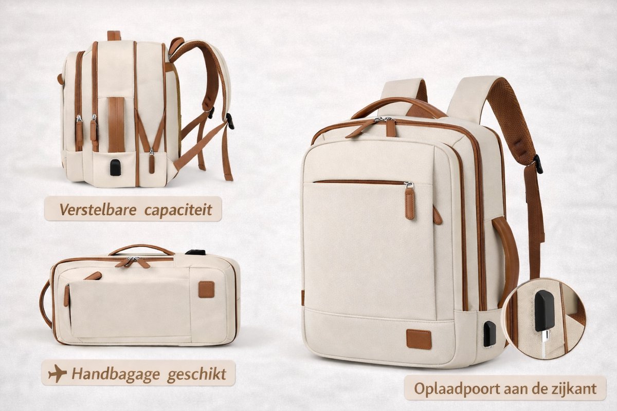Dutchers® Laptoptas Dames - Rugtas - 24L - Reistas - Rugzak - Backpack - Met oplaad mogelijkheid, Laptop vak, Afsluitbaar droogvak - Laptoprugzak - Beige – foto 4