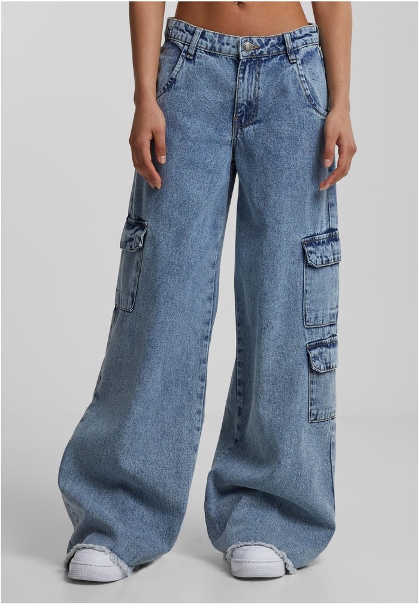 Urban Classics Mid Waist Cargo Wijde broek Taille 28 inch Blauw