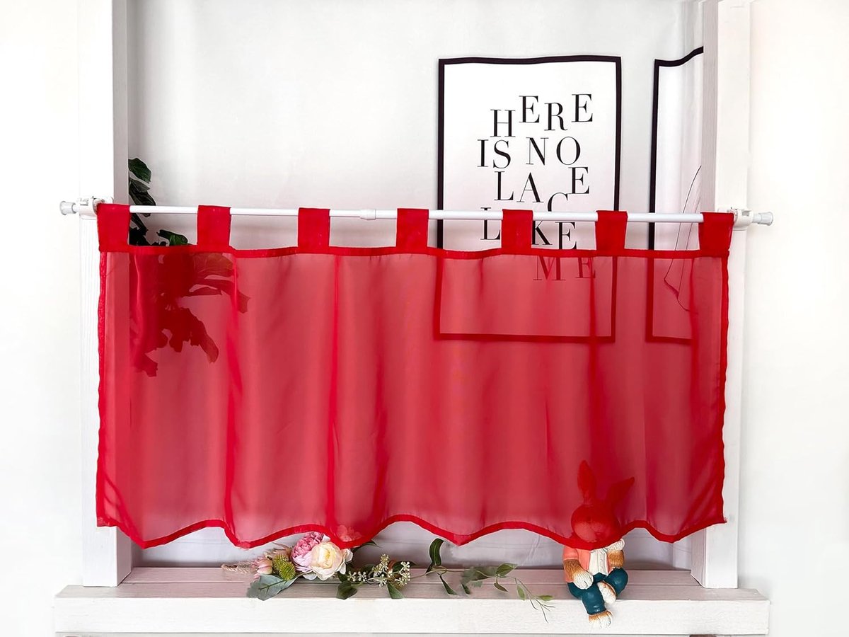 Kort Raamgordijn - Vitrage Voile - Keuken Decoratie - Met Lussen - 45x90cm - Rood