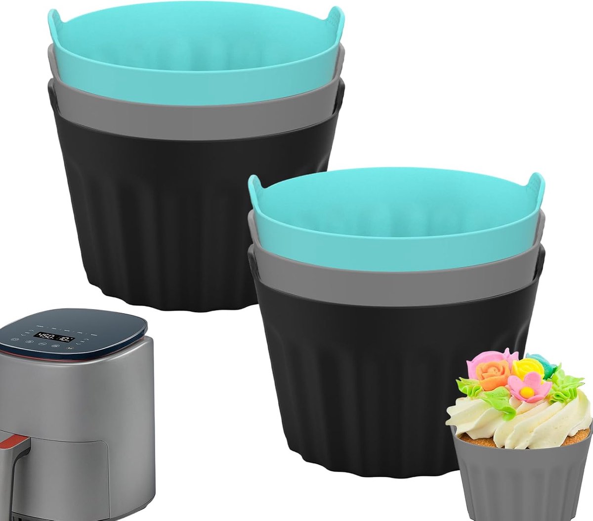 Airfryer Bakvorm - Muffin Ramekins - Bakken in Airfryer - Herbruikbaar Antiaanbak - Set van 6 - Blauw Grijs Zwart